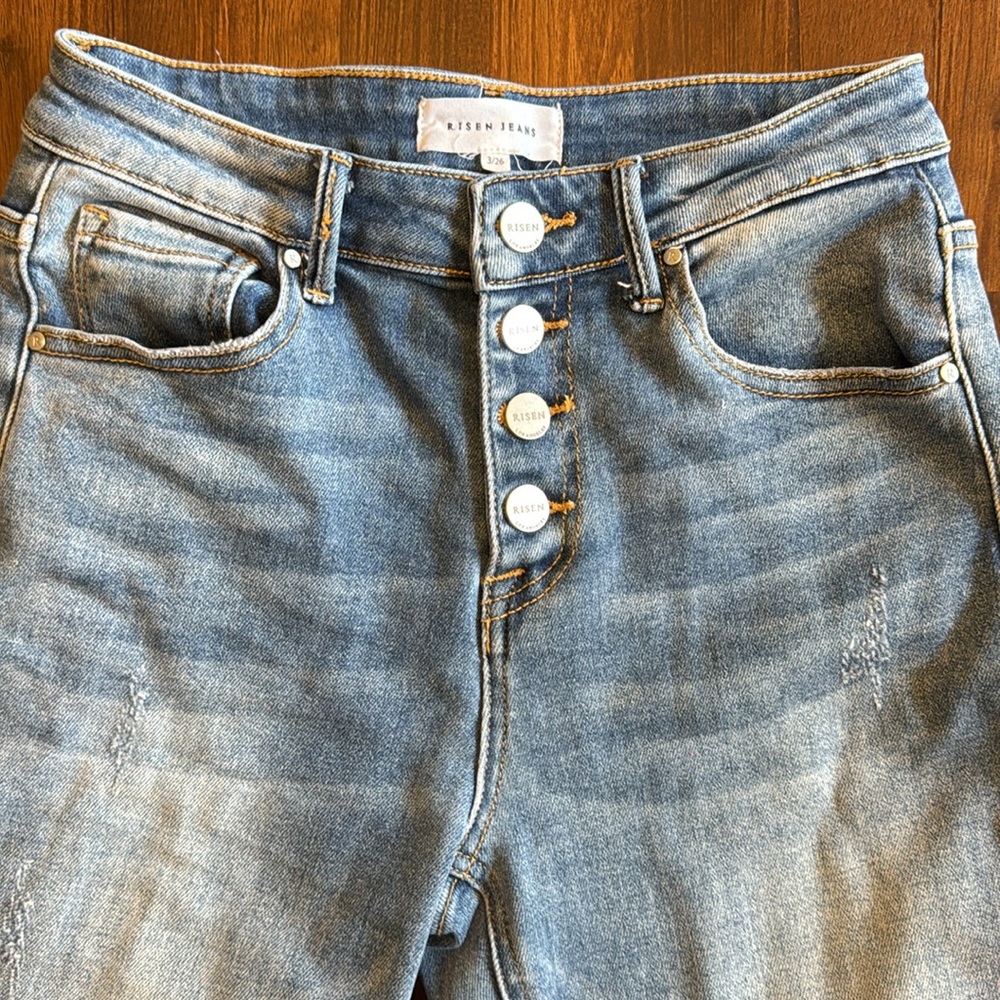 Risen High Rise Button Fly Straight Leg Cuffed Jeans View 4